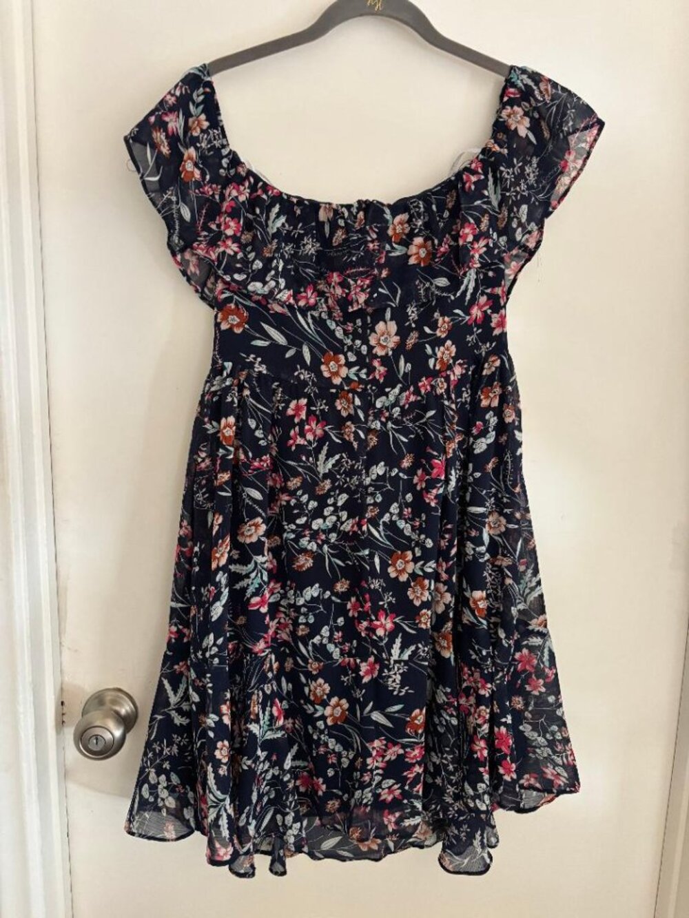 Lulus My Favorite Navy Blue Floral Print Off the Shoulder Dress L